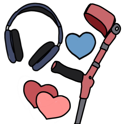 a pink forearm crutch and a dark blue pair of headphones, with two pink hearts and a blue heart between them.